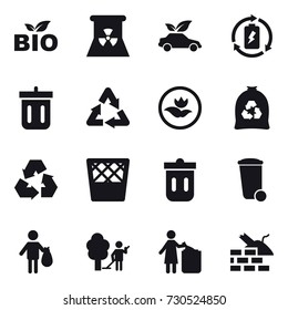 16 vector icon set : bio, nuclear power, eco car, battery charge, bin, ecology, garbage bag, recycling, trash bin, trash, garden cleaning, garbage bin, construct garbage