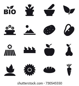 16 vector icon set : bio, flower, flower bed, landscape, field, seedling, apple, pear, sprouting, bread, carrot