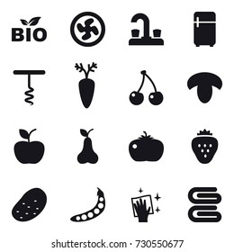 16 vector icon set : bio, cooler fan, water tap, fridge, corkscrew, cherry, mushroom, apple, pear, tomato, strawberry, potato, peas, wiping, stack of towels