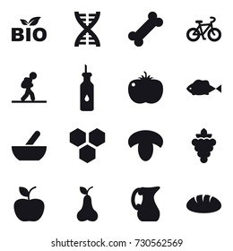 16 vector icon set : bio, dna, bike, tourist, mortar, honeycombs, mushroom, grape, apple, pear, jug, bread