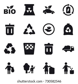 16 vector icon set : bio, nuclear power, eco car, battery charge, bin, ecology, garbage bag, recycling, trash bin, trash truck, trash, garden cleaning, garbage bin