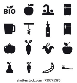 16 vector icon set : bio, water tap, fridge, cup, corkscrew, corn, apple, pear, carrot, peas, tooth brush