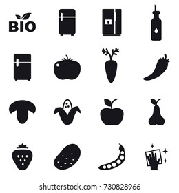 16 vector icon set : bio, fridge, hot pepper, mushroom, corn, apple, pear, strawberry, potato, peas, wiping
