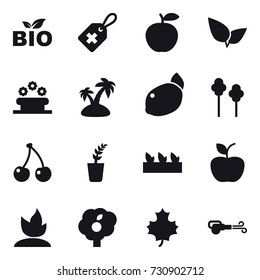 16 vector icon set : bio, flower bed, island, trees, cherry, seedling, apple, sprouting, garden, maple leaf, blower