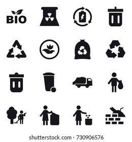 16 vector icon set : bio, nuclear power, battery charge, bin, ecology, garbage bag, recycling, trash bin, trash truck, trash, garden cleaning, garbage bin, construct garbage
