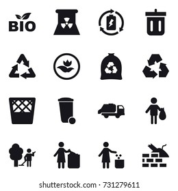 16 vector icon set : bio, nuclear power, battery charge, bin, ecology, garbage bag, recycling, trash bin, trash truck, trash, garden cleaning, garbage bin, construct garbage