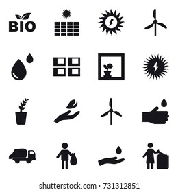 16 vector icon set : bio, sun power, windmill, panel house, flower in window, seedling, hand leaf, hand drop, trash truck, trash, hand and drop, garbage bin