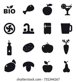 16 vector icon set : bio, chicken leg, cocktail, cooler fan, water tap, fridge, cup, mushroom, apple, pear