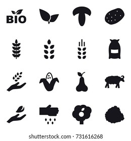 16 vector icon set : bio, spikelets, flour, harvest, corn, pear, sheep, hand leaf, sow, garden, pile of garbage