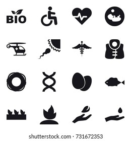 16 vector icon set : bio, life vest, lifebuoy, seedling, sprouting, hand leaf, hand and drop