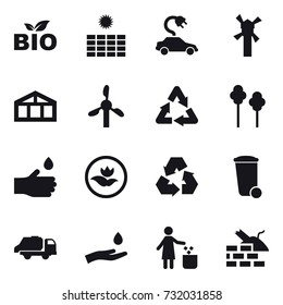 16 vector icon set : bio, sun power, electric car, windmill, greenhouse, trees, hand drop, ecology, recycling, trash bin, trash truck, hand and drop, garbage bin, construct garbage