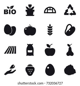 16 vector icon set : bio, flower, greenhouse, field, flour, apple, pear, hand leaf, strawberry, egg, pile of garbage