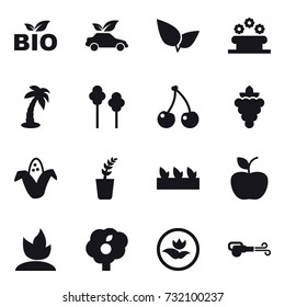 16 vector icon set : bio, eco car, flower bed, palm, trees, cherry, grape, corn, seedling, apple, sprouting, garden, ecology, blower