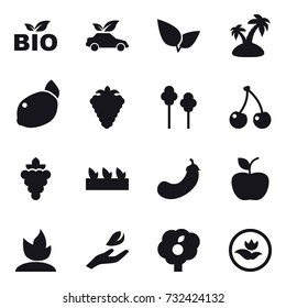 16 vector icon set : bio, eco car, island, berry, trees, cherry, grape, seedling, eggplant, apple, sprouting, hand leaf, garden, ecology