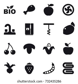 16 vector icon set : bio, chicken leg, cooler fan, water tap, fridge, corkscrew, cherry, mushroom, corn, apple, beet, strawberry, peas, stack of towels