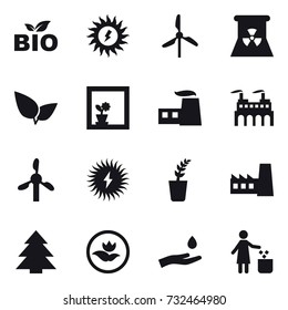 16 vector icon set : bio, sun power, windmill, nuclear power, flower in window, seedling, factory, spruce, ecology, hand and drop, garbage bin