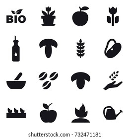 16 vector icon set : bio, flower, mortar, coffee seeds, mushroom, harvest, seedling, apple, sprouting, watering can