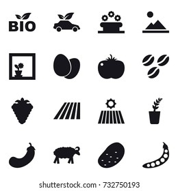 16 vector icon set : bio, eco car, flower bed, landscape, flower in window, coffee seeds, berry, field, seedling, eggplant, sheep, potato, peas