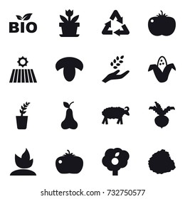 16 vector icon set : bio, flower, field, mushroom, harvest, corn, seedling, pear, sheep, beet, sprouting, tomato, garden, pile of garbage