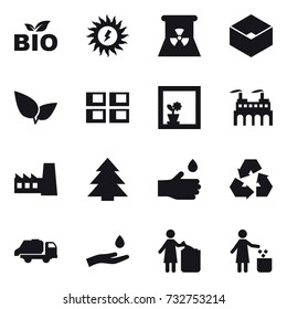 16 vector icon set : bio, sun power, nuclear power, box, panel house, flower in window, factory, spruce, hand drop, recycling, trash truck, hand and drop, garbage bin