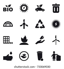 16 vector icon set : bio, sun power, eco car, bin, greenhouse, sprouting, hand leaf, windmill, hand drop, ecology, trash bin, garbage bin