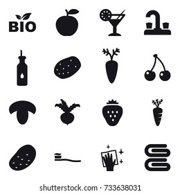 16 vector icon set : bio, cocktail, water tap, cherry, mushroom, beet, strawberry, carrot, potato, tooth brush, wiping, stack of towels