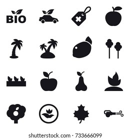 16 vector icon set : bio, eco car, palm, island, trees, seedling, apple, pear, sprouting, garden, ecology, maple leaf, blower