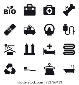 16 vector icon set : bio, hospital, towel, recycling, tooth brush, hanger, bath