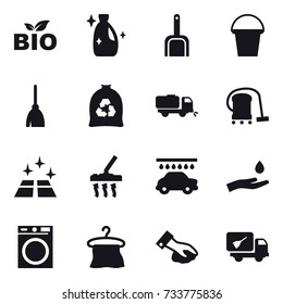 16 vector icon set : bio, cleanser, scoop, bucket, broom, garbage bag, sweeper, vacuum cleaner, clean floor, car wash, hand and drop, washing machine, hanger, wiping, home call cleaning