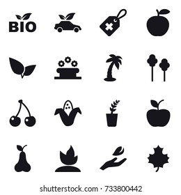 16 vector icon set : bio, eco car, flower bed, palm, trees, cherry, corn, seedling, apple, pear, sprouting, hand leaf, maple leaf