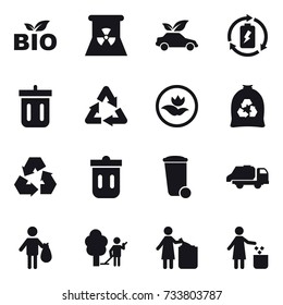 16 vector icon set : bio, nuclear power, eco car, battery charge, bin, ecology, garbage bag, recycling, trash bin, trash truck, trash, garden cleaning, garbage bin