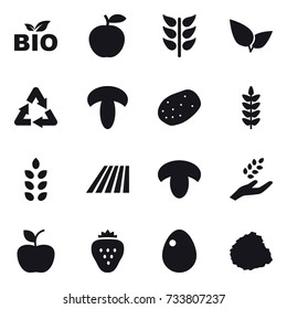 16 vector icon set : bio, spikelets, field, mushroom, harvest, apple, strawberry, egg, pile of garbage