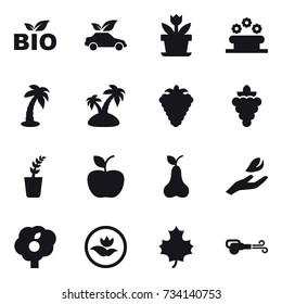 16 vector icon set : bio, eco car, flower, flower bed, palm, island, berry, grape, seedling, apple, pear, hand leaf, garden, ecology, maple leaf, blower