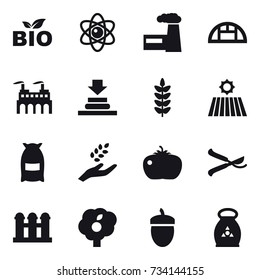 16 vector icon set : bio, atom, factory, greenhouse, field, flour, harvest, tomato, pruner, grain elevator, garden, acorn, fertilizer