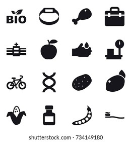 16 vector icon set : bio, smart bracelet, chicken leg, bike, corn, pills bottle, peas, tooth brush