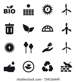 16 vector icon set : bio, sun power, windmill, bin, greenhouse, trees, hand leaf, hand drop, ecology, recycling, construct garbage