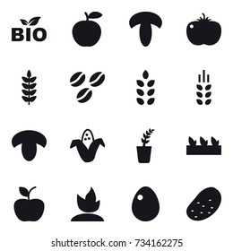 16 vector icon set : bio, coffee seeds, spikelets, mushroom, corn, seedling, apple, sprouting, egg, potato