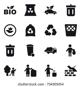 16 vector icon set : bio, nuclear power, eco car, bin, ecology, garbage bag, recycling, trash bin, trash truck, trash, garden cleaning, garbage bin, construct garbage