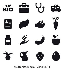 16 vector icon set : bio, flour, harvest, eggplant, apple, beet, jug, strawberry, egg