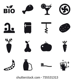 16 vector icon set : bio, chicken leg, cocktail, cooler fan, water tap, fridge, corkscrew, pear, tomato, carrot, peas, shampoo, tooth brush, wiping