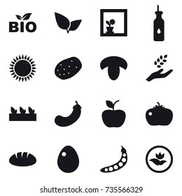 16 vector icon set : bio, flower in window, mushroom, harvest, seedling, eggplant, apple, tomato, bread, egg, peas, ecology