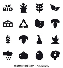 16 vector icon set : bio, flower, greenhouse, mushroom, pear, sprouting, sow, tomato, egg, garden