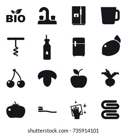 16 vector icon set : bio, water tap, fridge, cup, corkscrew, cherry, mushroom, apple, beet, tomato, tooth brush, wiping, stack of towels