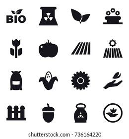 16 vector icon set : bio, nuclear power, flower bed, field, flour, corn, flower, hand leaf, grain elevator, acorn, fertilizer, ecology