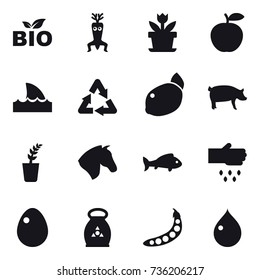 16 vector icon set : bio, dna modify, flower, shark flipper, pig, seedling, horse, fish, sow, egg, fertilizer, peas, drop