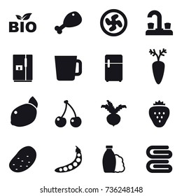 16 vector icon set : bio, chicken leg, cooler fan, water tap, fridge, cup, cherry, beet, strawberry, potato, peas, shampoo, stack of towels