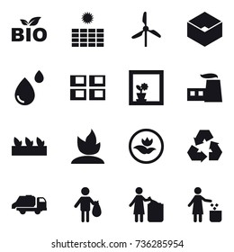 16 vector icon set : bio, sun power, windmill, box, panel house, flower in window, seedling, sprouting, ecology, recycling, trash truck, trash, garbage bin