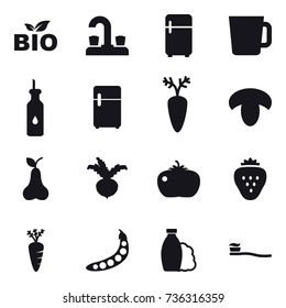 16 vector icon set : bio, water tap, fridge, cup, mushroom, pear, beet, tomato, strawberry, carrot, peas, shampoo, tooth brush