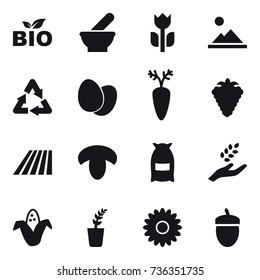 16 vector icon set : bio, landscape, berry, field, mushroom, flour, harvest, corn, seedling, flower, acorn