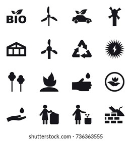 16 vector icon set : bio, windmill, eco car, greenhouse, trees, sprouting, hand drop, ecology, hand and drop, garbage bin, construct garbage